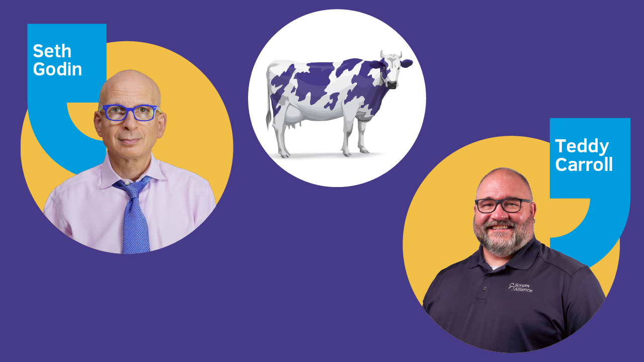 Photos of Seth Godin and Teddy Carroll appear in yellow circles against a purple background with a purple cow illustration in the middle